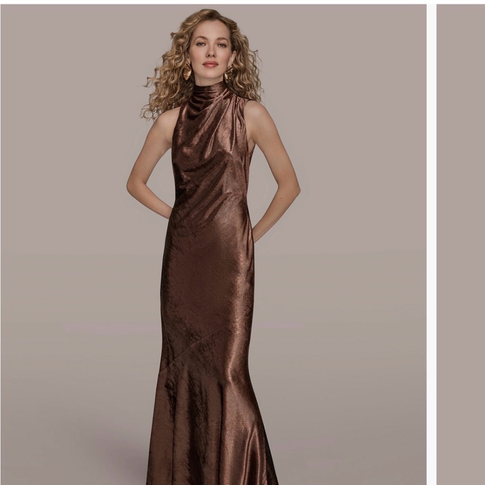 Sleeveless High-Neck Satin Evening brown Dress
